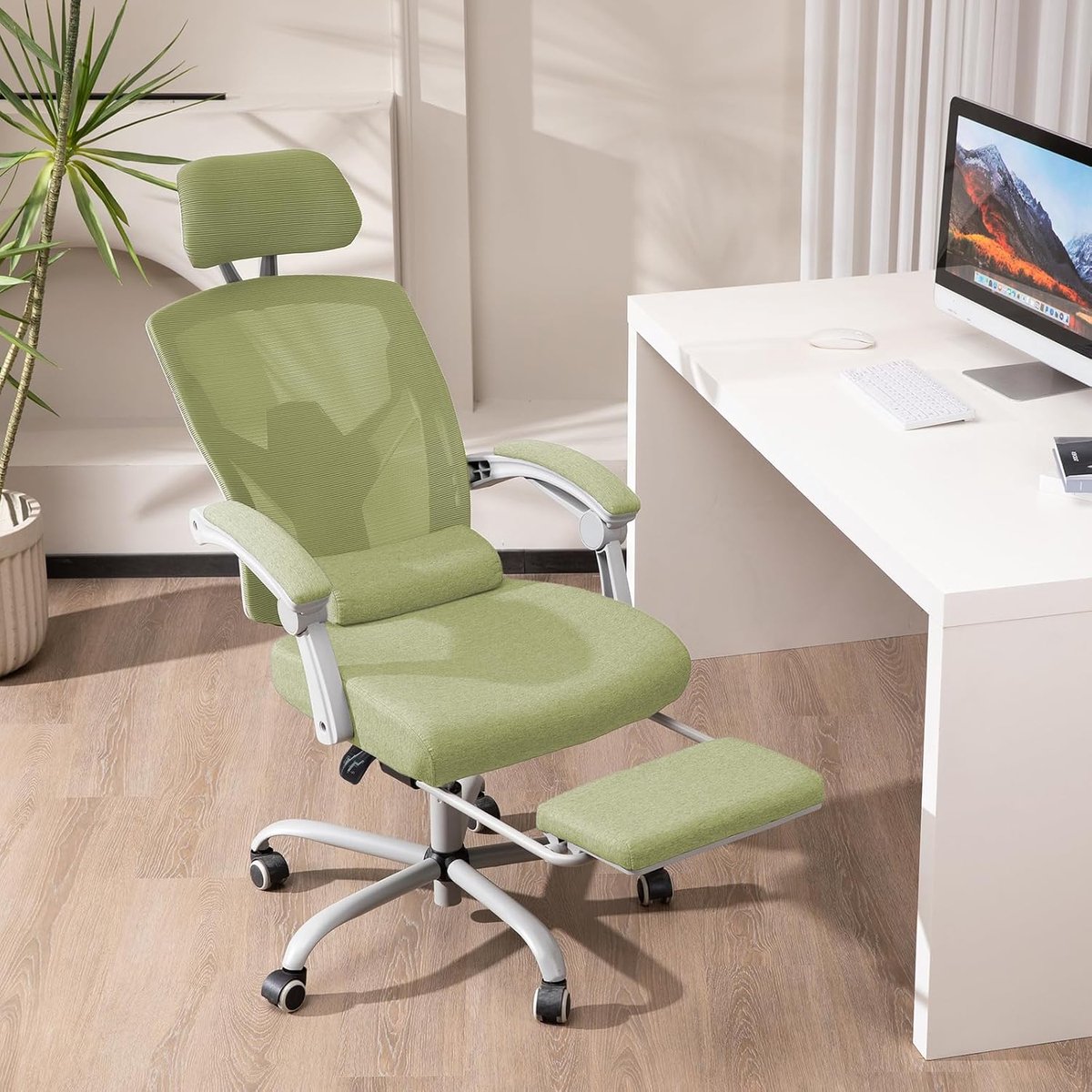 Bureau-computer-bureaustoel, gamingstoelen voor volwassenen, high-back mesh rolling draaibare rugleuningstoelen met wielen, comfortabele lendensteun, comfortabele armen, groen
