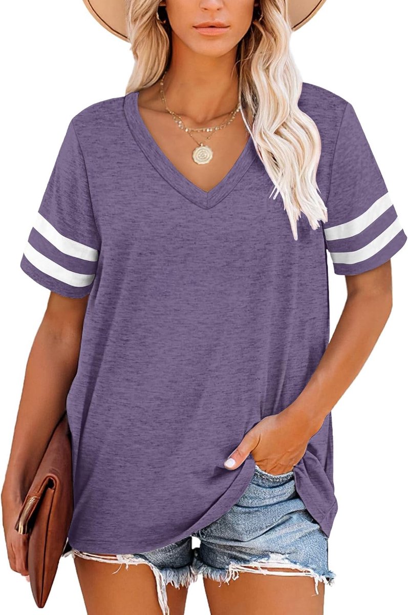 T-shirts voor dames Korte mouw V-hals Gestreept zomertops Casual los T-shirt