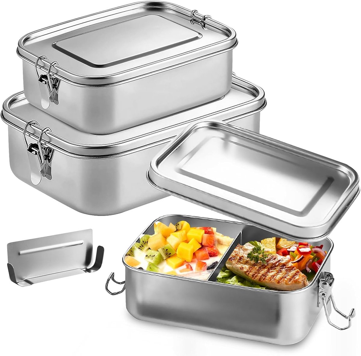 Broodtrommel van roestvrij staal, verpakking van 3 stuks, broodtrommel, lunchbox, lekvrij, broodtrommel met vakken en afdichtring in het volume, 2400 ml, 1400 ml en 850 ml, 304 stalen bentoboxen voor