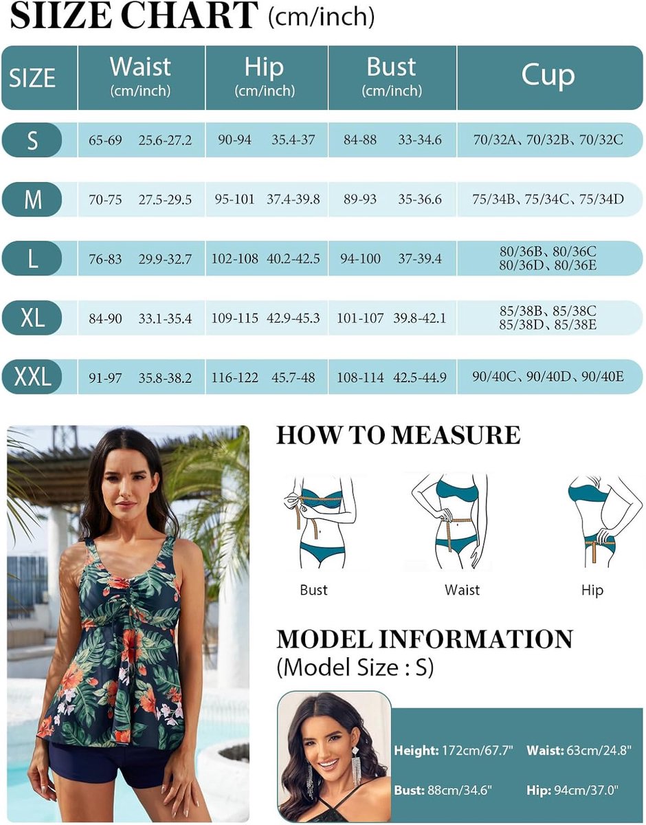 Tweedelig badpak voor dames, V-hals, tankini-set, badpak, gevoerd, push-up-beha, badmode, bloemen, tankini, tops, shorts, oversized, strandkleding