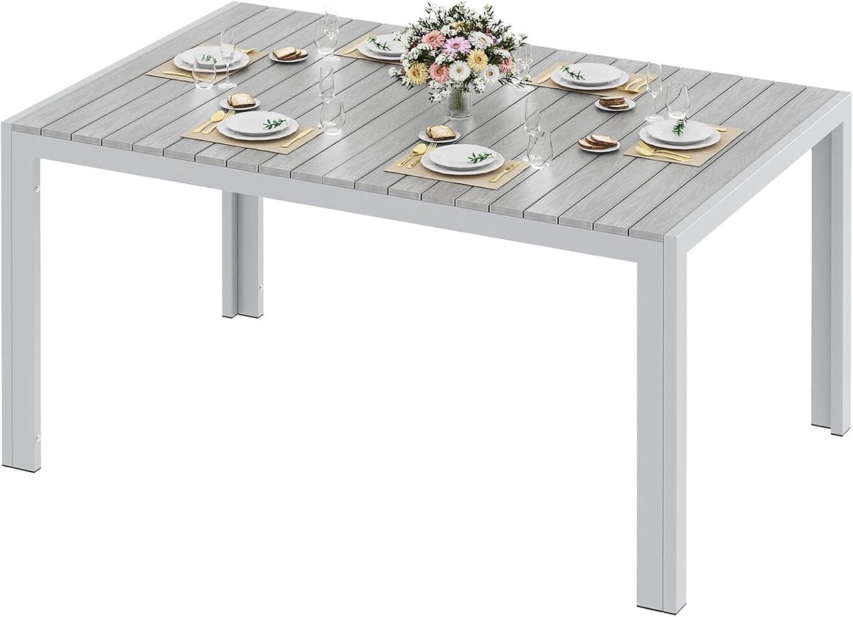 Tuintafel weerbestendig groot 140x90cm aluminium WPC tafel grijs | WPC grijs tafelblad, rechthoekige eettafel voor buiten. Voor 6-8 personen, roestvrij aluminium frame, voor tuin en terras.