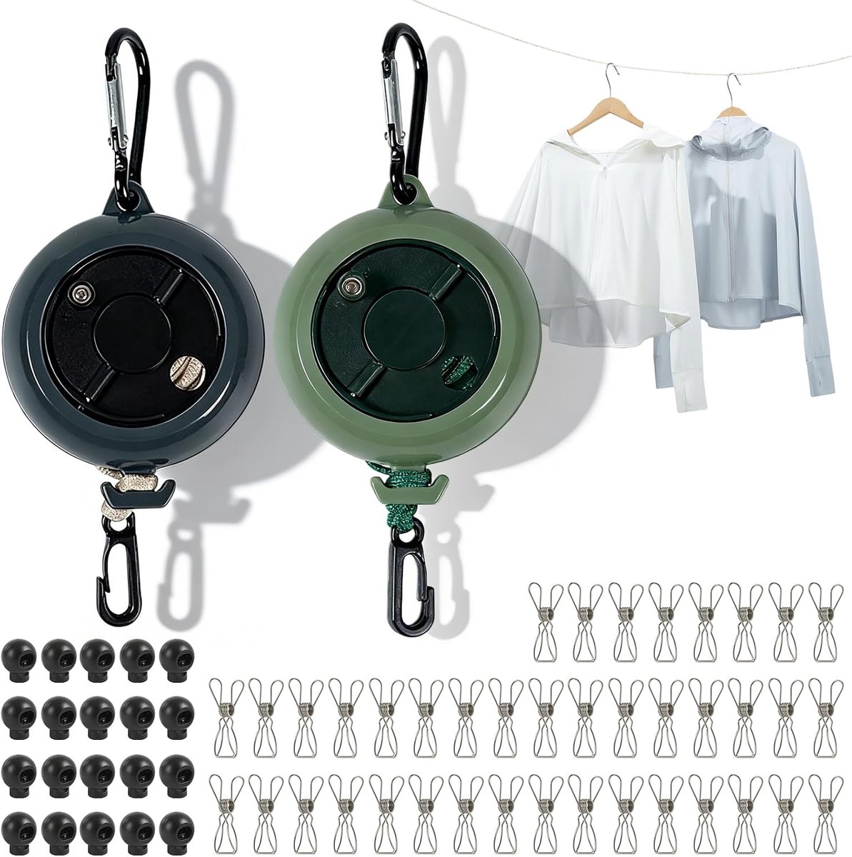 Waslijn uittrekbaar camping, uittrekbare waslijn met handslinger 10 m, draagvermogen 50 kg, incl. 20 klemmen, 10 vaste gespen, set van 2 zwart/groen, voor camper, vanlife & backpacking