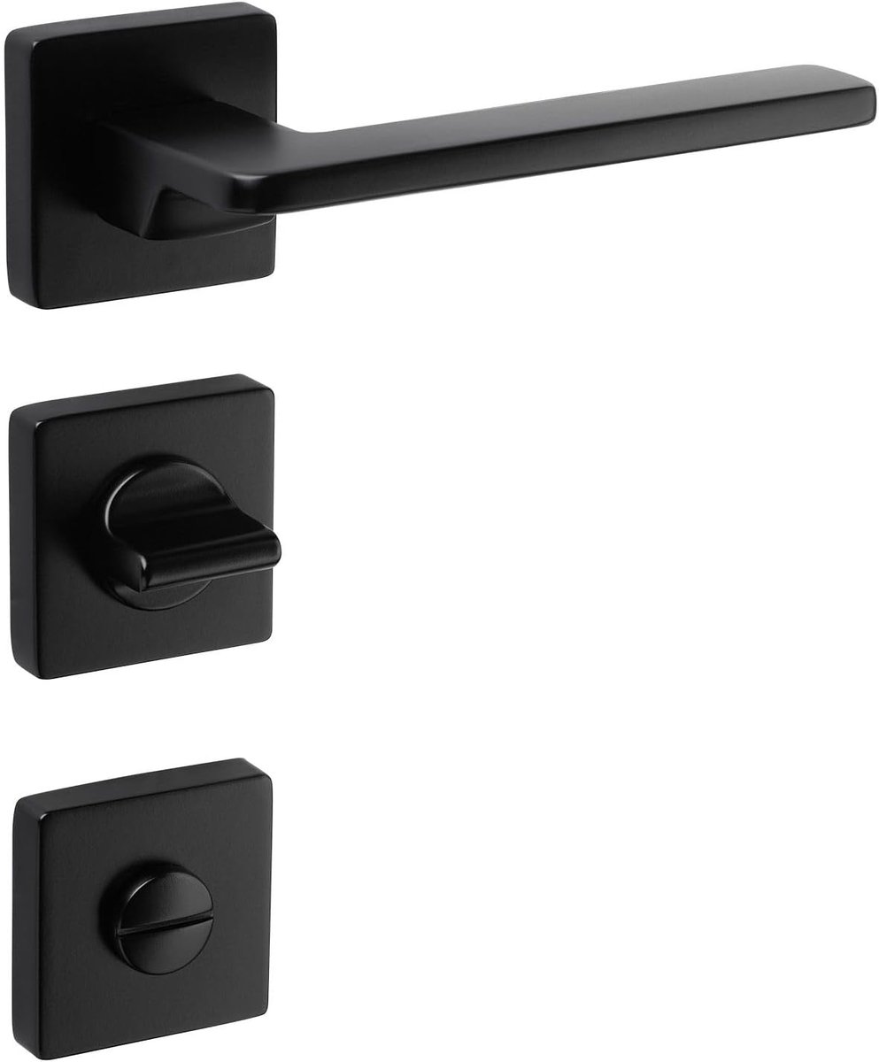 Deurklink set vierkant - mat zwart - met rozetten - voor badkamer/wc - SnelShoppen