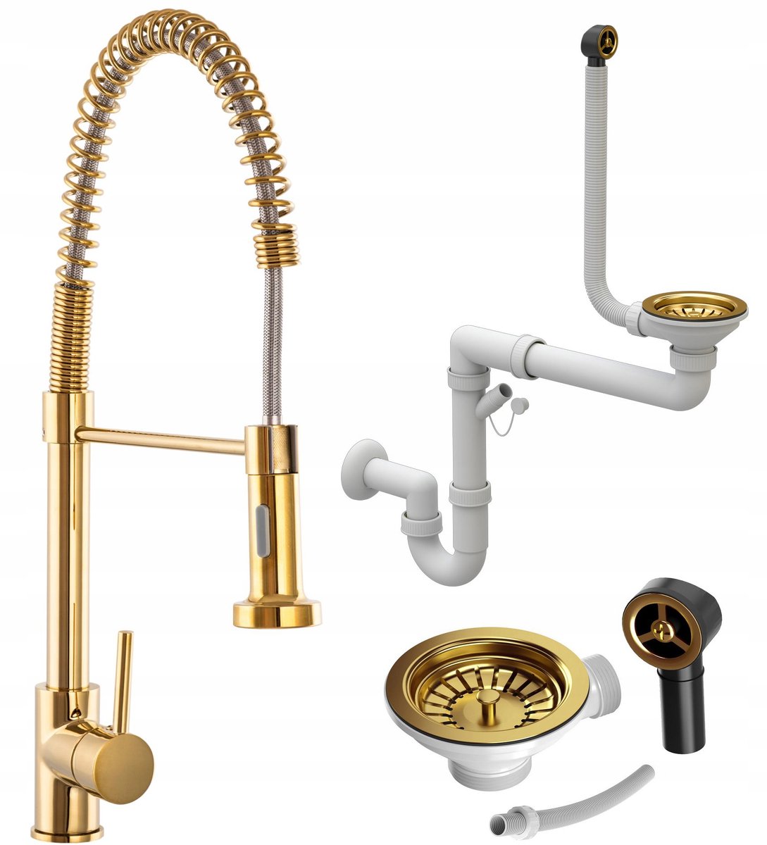 Gouden Keukenkraan met spiraalslang & ruimtebesparende sifon