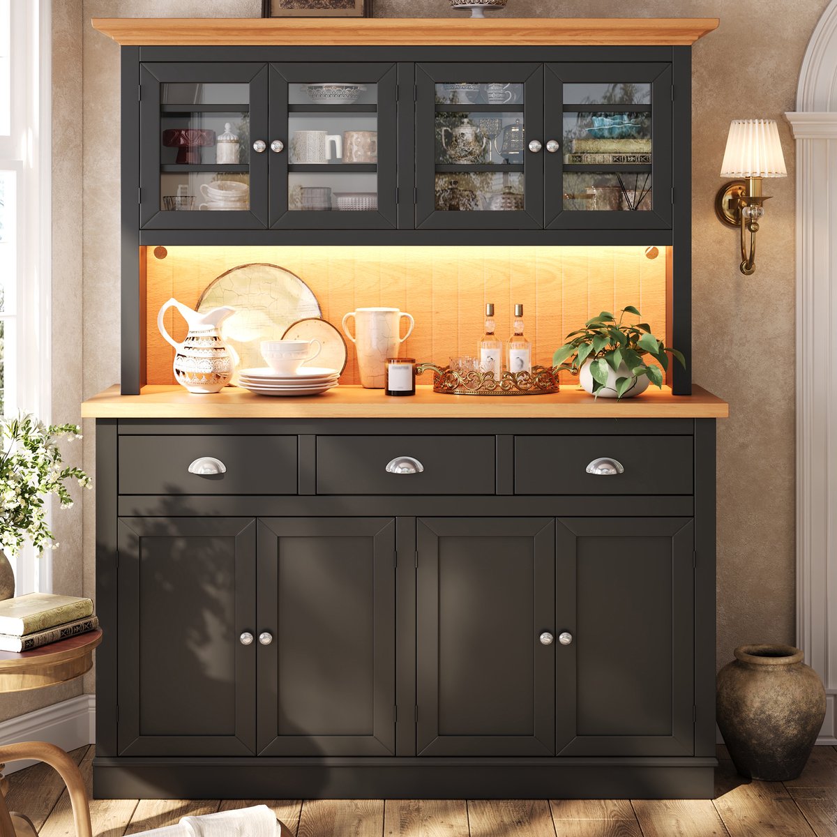 STILVORA Keukenkast – Hoog Dressoir Met Glazen Deur En RGB-Ledverlichting – Voor Keuken En Eetkamer – MDF En Glas – Zwart – 140x40x180 Cm