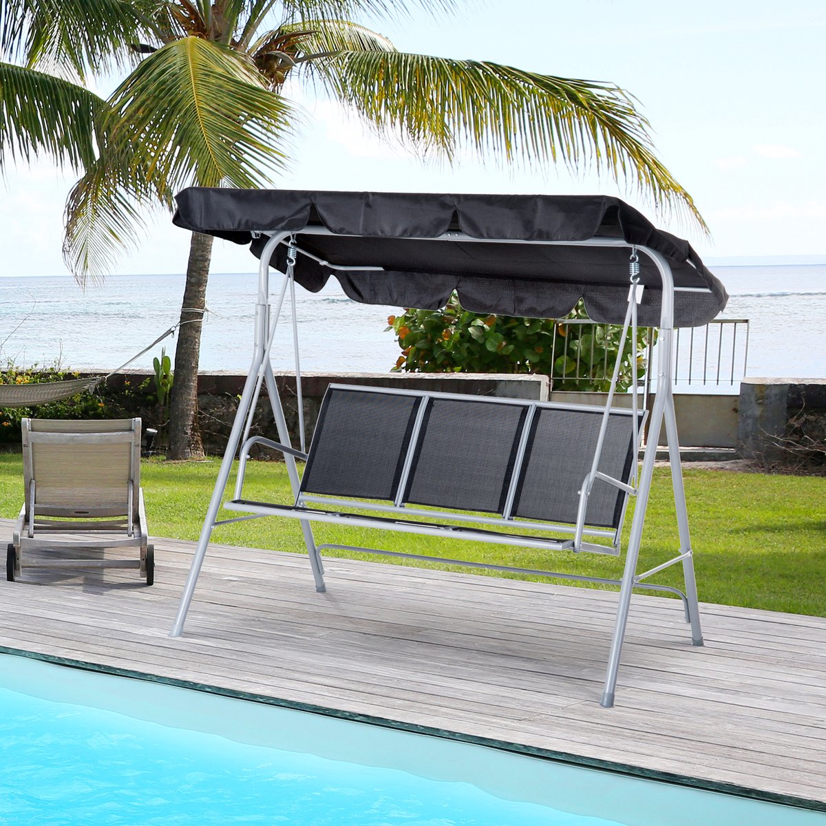 Schommelbank 3 Zits Met Verstelbaar En Afneembaar Dak Metalen Frame 171 X 108 X 154 Cm Grijs Voor Tuin En Terras