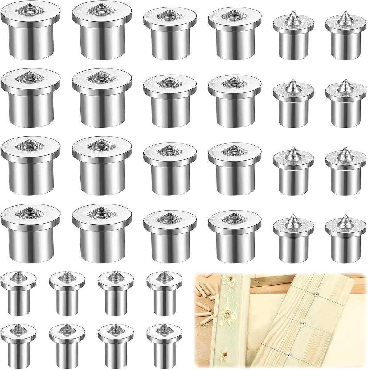 Houtdowel centering tips 32-delig - 6/8/10/12mm - hoogwaardig carbon staal - precisie positionering - ShopVlot