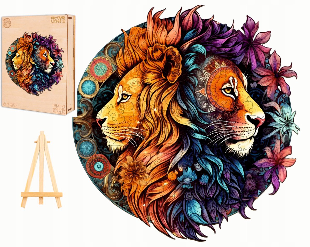 Houten Puzzel 300 Stukken Ying Yang Leeuwen in Houten Doos