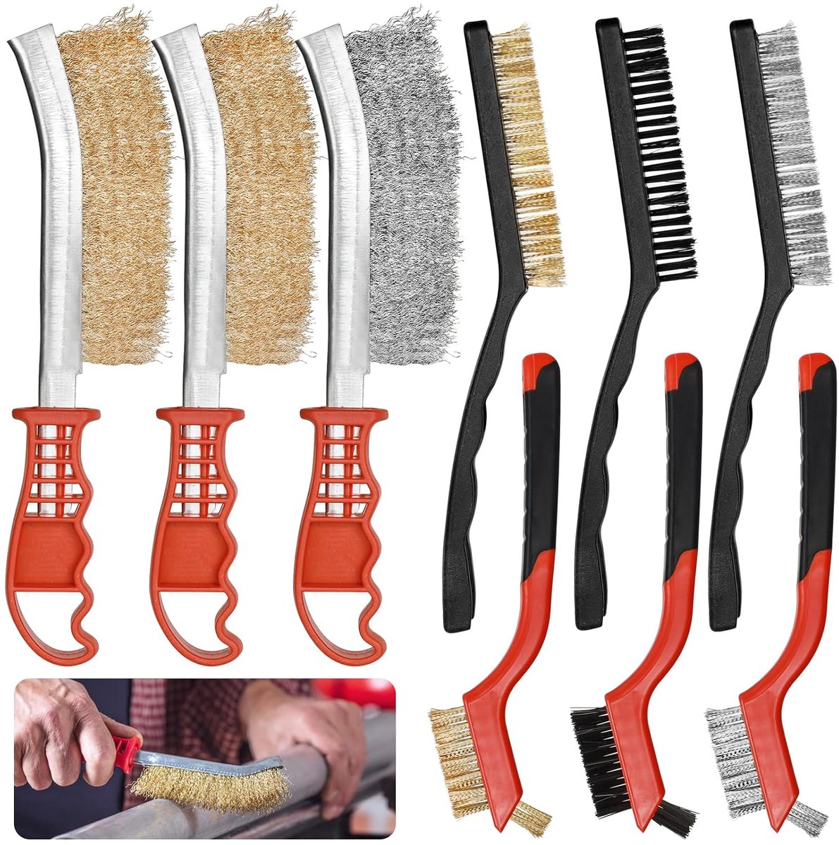 Hand draadborstel set 9-delig - RVS, messing en nylon - Voor metaal en reiniging - Ideaal voor roestverwijdering - ShopVlot