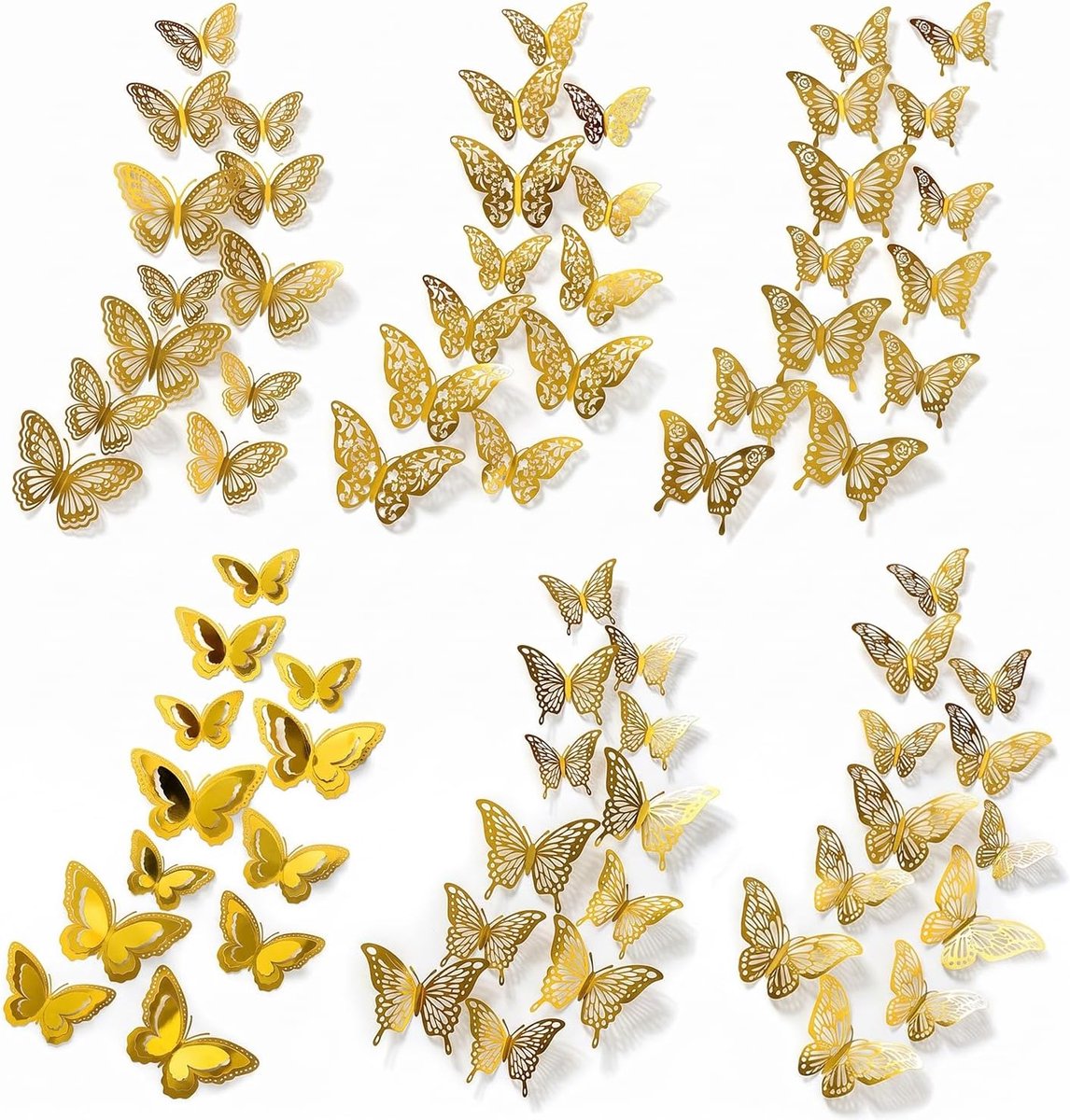 3D vlinder muurstickers - 72 stuks in 3 maten - glitter goud - herbruikbare kinderkamer decoratie - ShopVlot