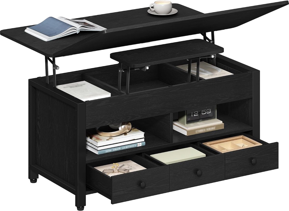 Hzuaneri In hoogte verstelbare salontafel, om te bouwen tot eettafel, zwart, Woonkamertafel met 3 lades en 2 vakken, 50 × 100 × 45 cm, voor woonkamer en thuiskantoor