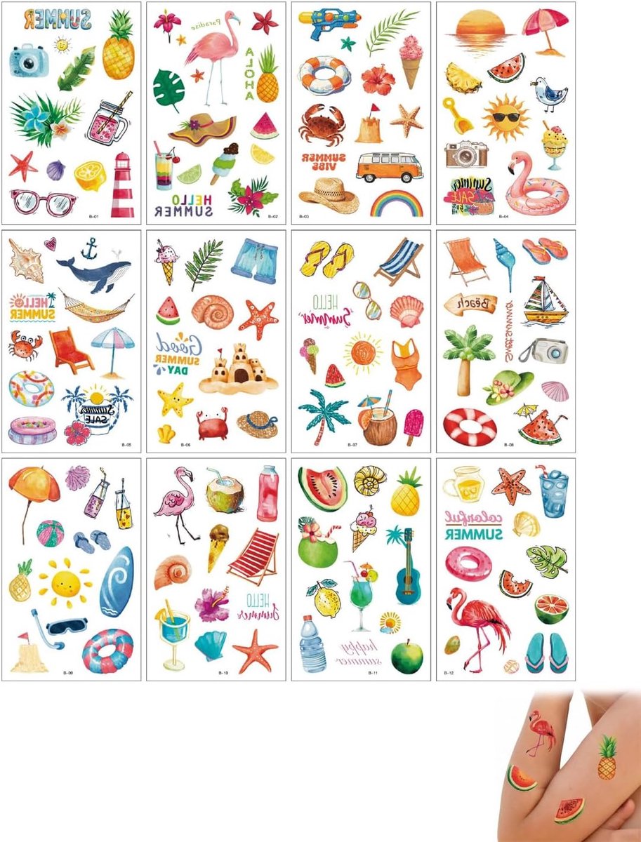 Tijdelijke tatoeages 144 stuks - waterdicht en huidvriendelijk - veelzijdige zomermotieven - perfect voor feesten - ShopVlot