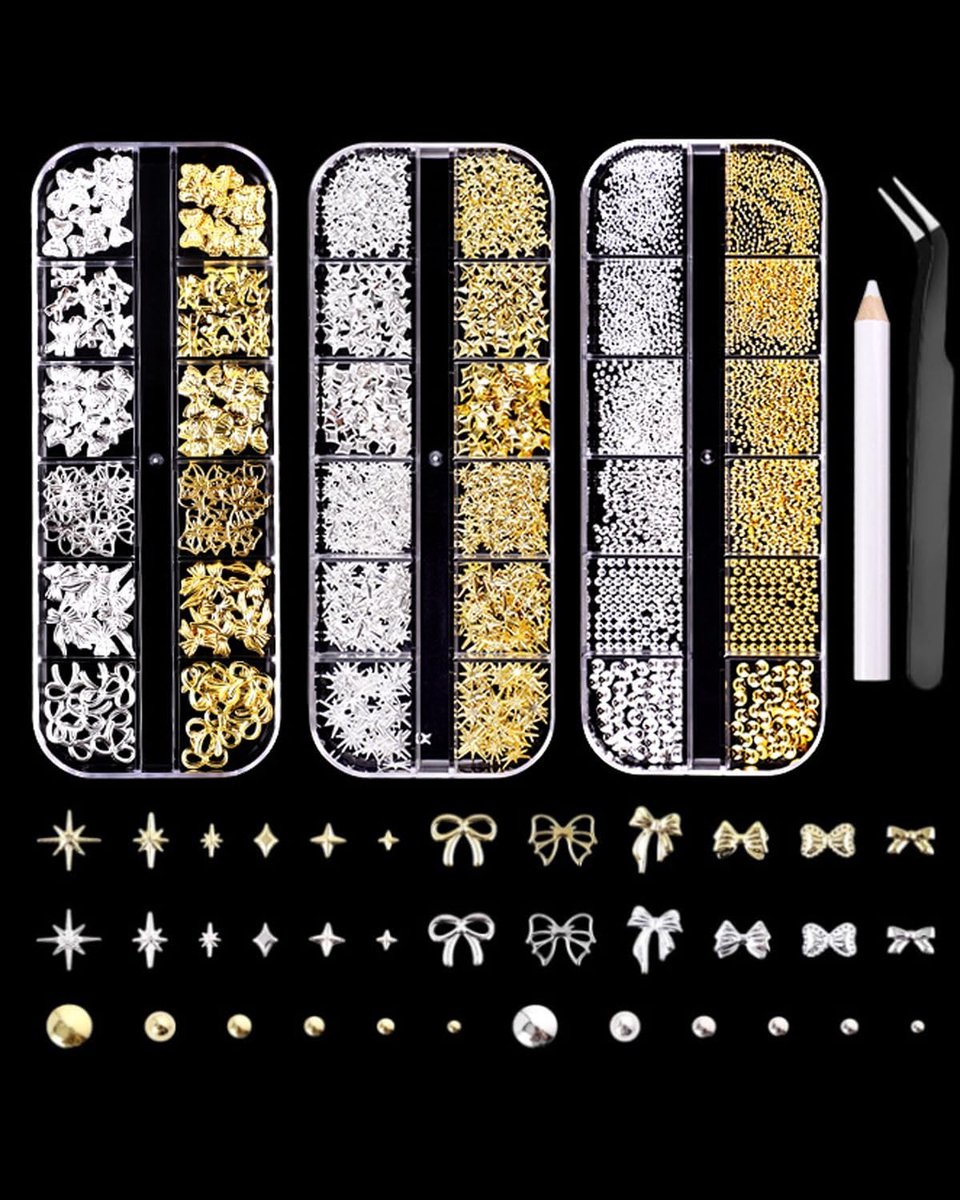 Set van 3 nagelbedels - 3 dozen met 36 delen - goud en zilver - inclusief pincet voor nauwkeurig gebruik - ShopVlot