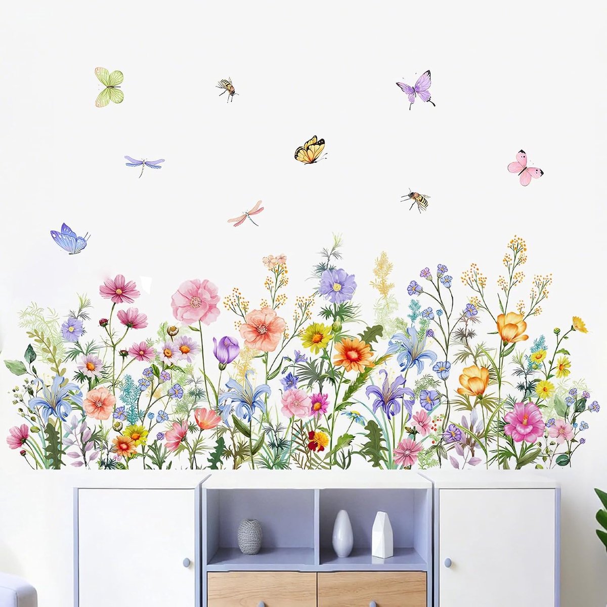 Muurstickers Bloemen Waterverf - Verwijderbaar PVC - Kleurige Vlinders en Libellen - ShopVlot
