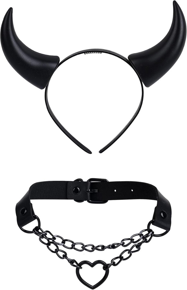 Dames choker zwart wit - leren gothic choker - duivelshoorns - perfect voor Halloween - ShopVlot