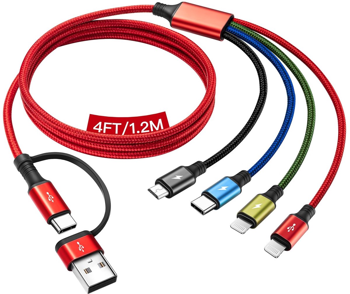 Multi-oplaadkabel 1,2 m - 4-in-2 USB-kabel - snellaadkabel met gegevensoverdracht - ShopVlot