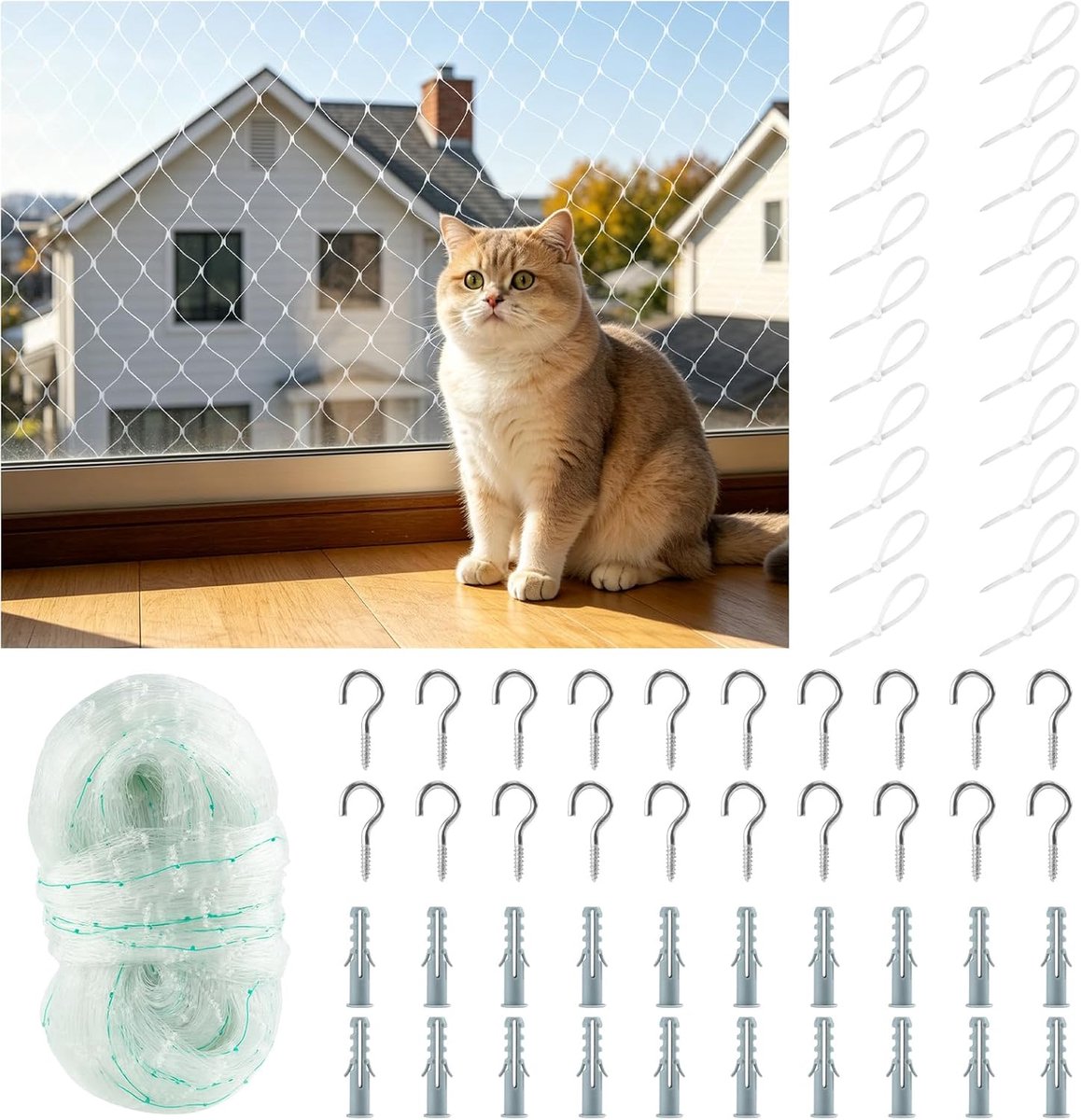Kattennet voor balkon 3 x 6 m - nylon - maaswijdte 2,5 cm - bescherming voor je kat - ShopVlot