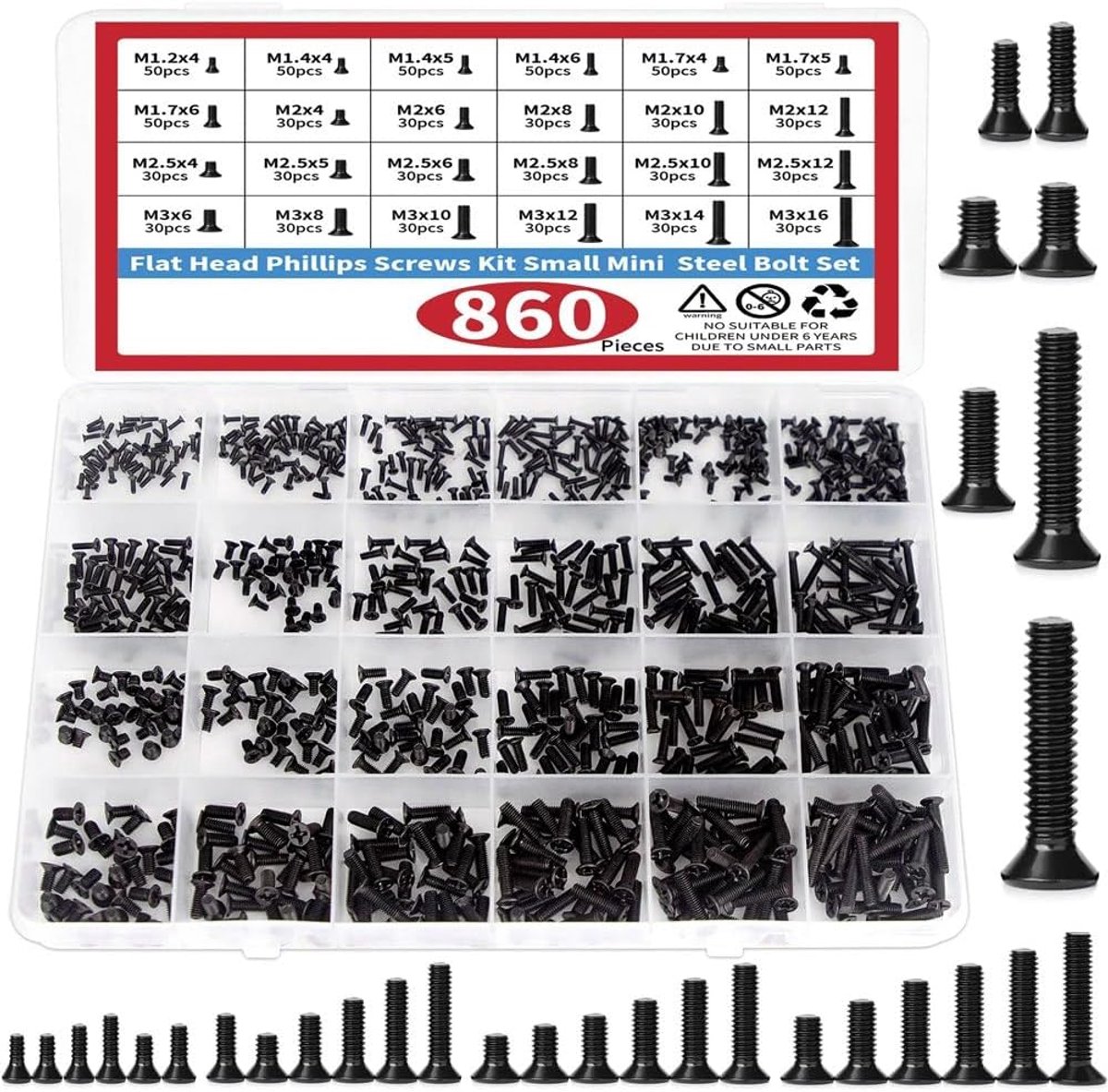 Kleine schroeven assortiment 860 stuks - zwarte brilschroeven M1.2 M1.4 M1.7 M2 M2.5 M3 - perfect voor pc en laptop - ShopVlot