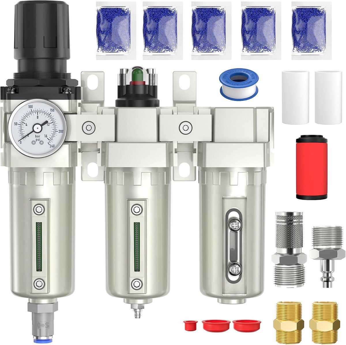 Luchtdrogingssysteem 1/2 inch NPT - industrieel 3-traps - drukregelaar tot 240 PSI - ideaal voor compressoren - ShopVlot
