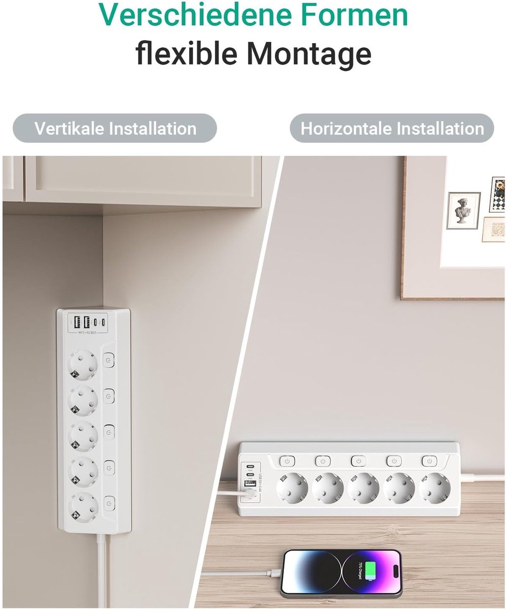 Hoekstekkerdoos 9-in-1 - 5 stopcontacten met 4 USB - individueel schakelbaar - ideaal voor huis en kantoor - ShopVlot