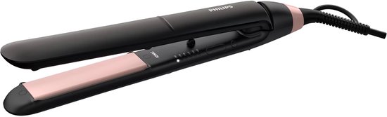 Zwarte Philips stijltang met rosé gouden platen en 'Ionic' aanduiding. Instelbaar via 6 temperatuurstanden.