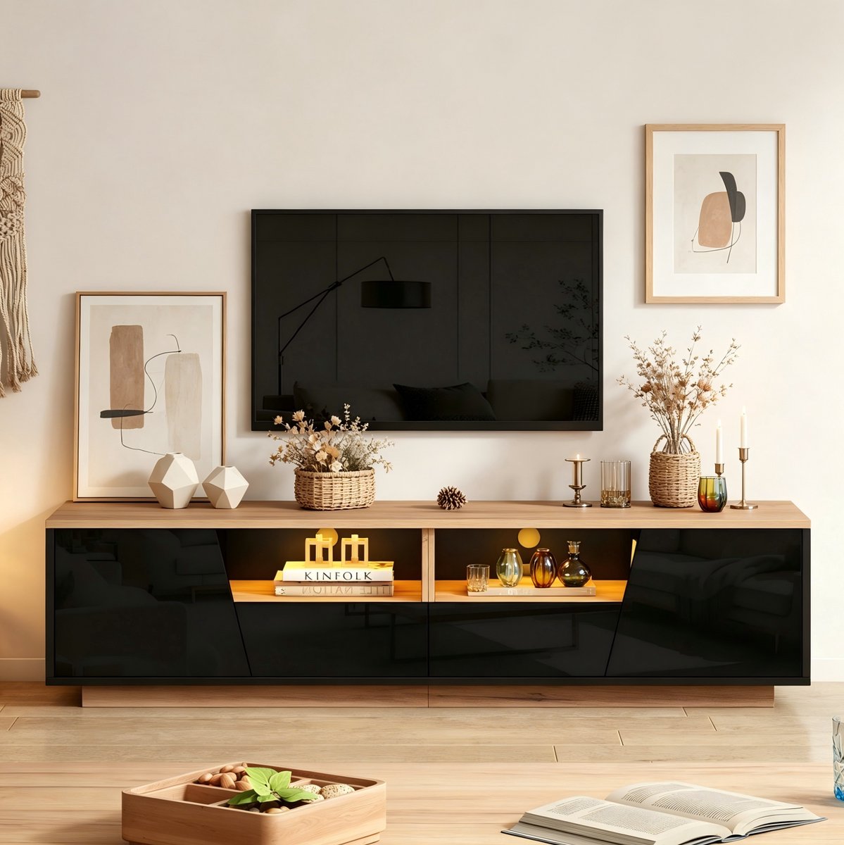 DESMIU TV Meubel - Hoogglans Voorzijde Met LED En 2 Laden - Voor Woonkamer En Tv Hoek - Spaanplaat - 180x40x46 Cm - Zwart Houtkleur