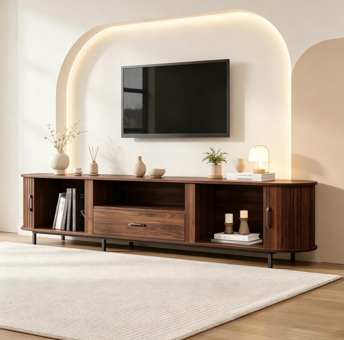 STILVORA Dressoir - TV Meubel Met Schuifdeuren En Lade - Voor Woonkamer En 75 Inch Tv - MDF En Metaal - 180x40x50 Cm - Walnoot