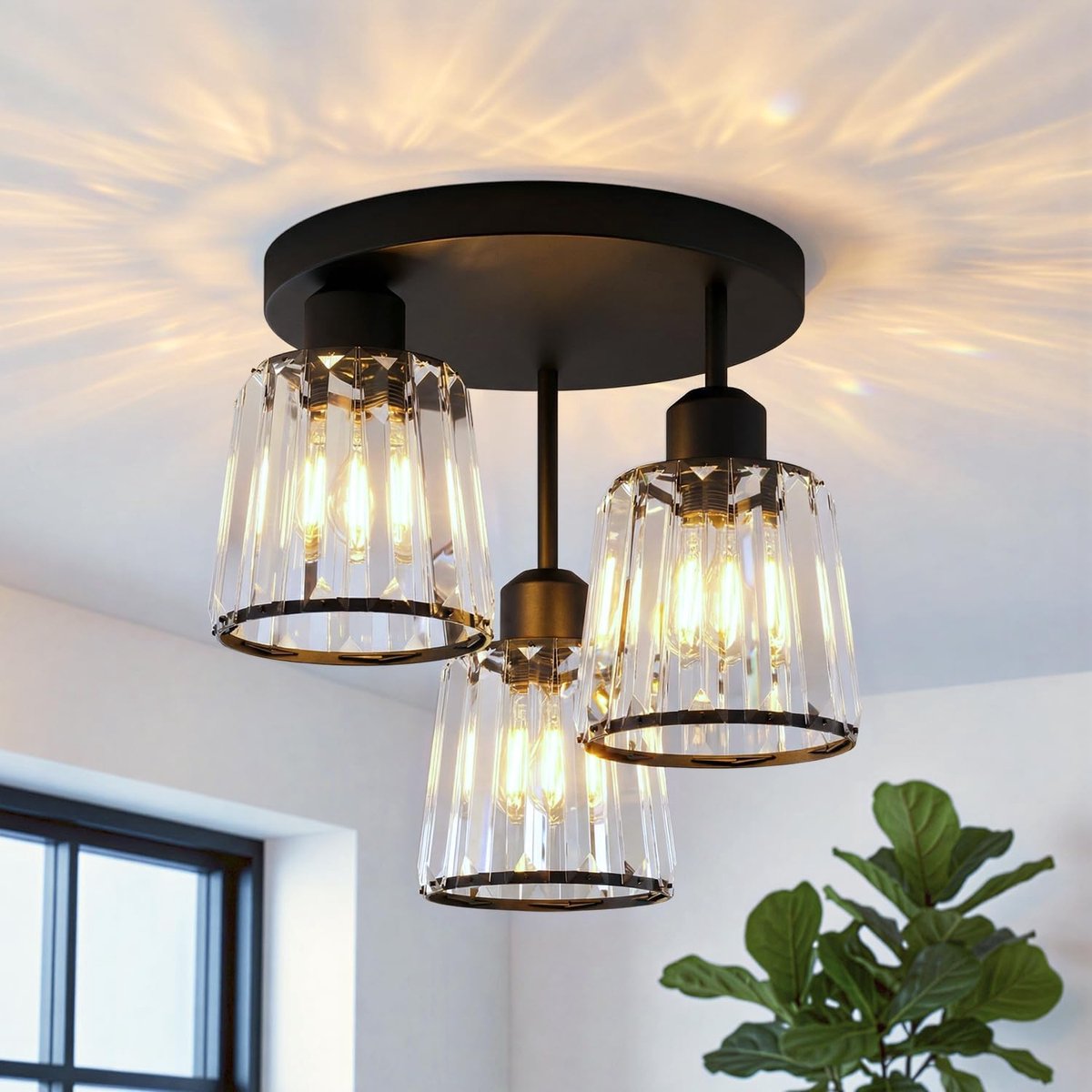 Kroonluchter plafondlamp 3 vlammen - zwart kristal - modern design - sfeervolle verlichting - SnelShoppen