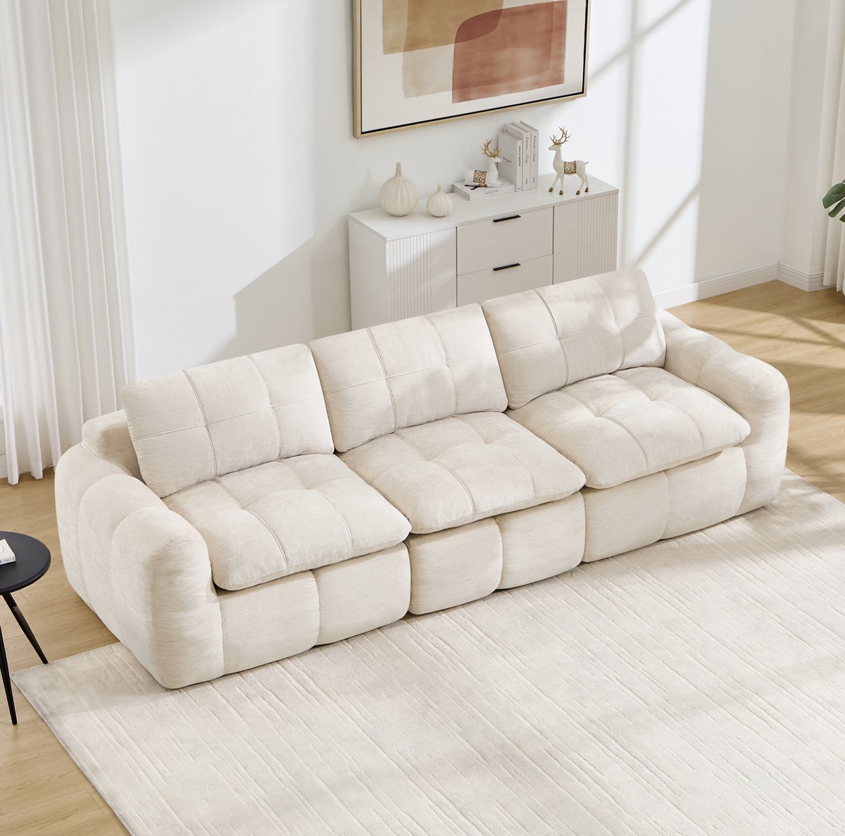 STILVORA Zitbank 264 x 97 x 68 cm - 3-Zits Modulaire Bank Met Ergonomisch Comfort En Gestikt Patroon - Voor Woonkamer - Chenille Beige
