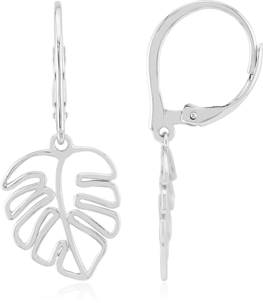Cavill - 925 Sterling Zilver Gerhodineerd - Filigraan Monstera Blad - Lichtgewicht Zilveren Haakoorbellen - Elegante Dames Oorbellen