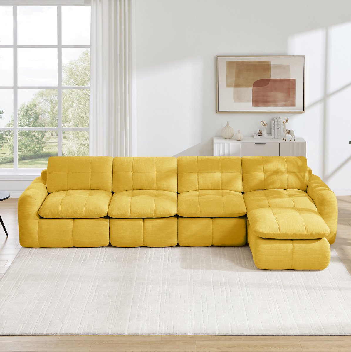 STILVORA Hoekbank 334 x 160 x 68 cm - L-Vormige Modulaire 4-Zits Met Hocker En Karostiksel - Voor Woonkamer En Appartement - Chenille Geel