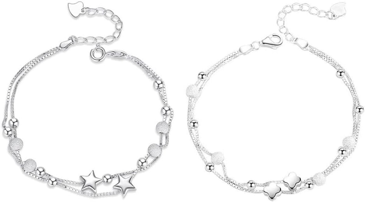 Damesarmbanden 2 stuks - elegant, verzilverd - dubbellaags klaverblad en sterren - SnelShoppen