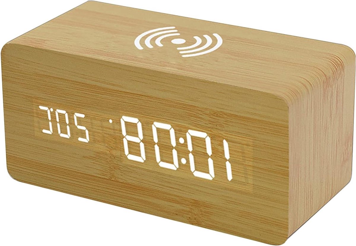 Digitale Wekker Hout - Nachtkastklok Woondecoratie - Wakker Worden - Met Draadloos Opladen - 16 x 7.3 x 7 cm