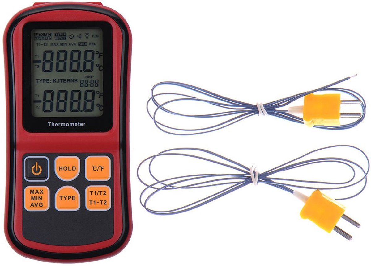 Digital thermometer dual channel - met twee K-type thermokoppels - LCD scherm met achtergrondverlichting - SnelShoppen