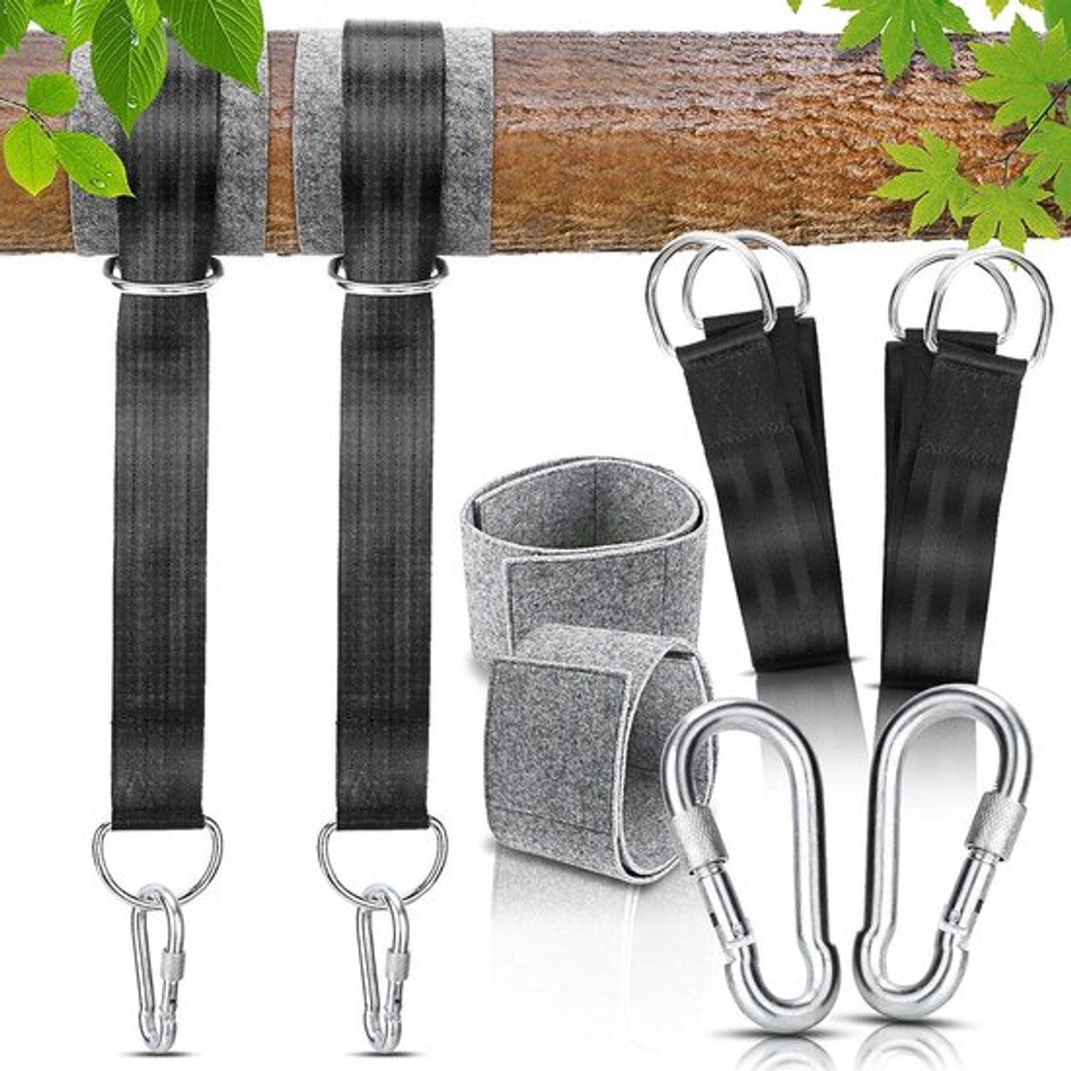 Schommelbevestiging, hangmat, schommel-ophangriem, kit met 2 sterke karabijnhaken en ringen, totaal gewicht 550 kg met toptassen, boombescherming kleding