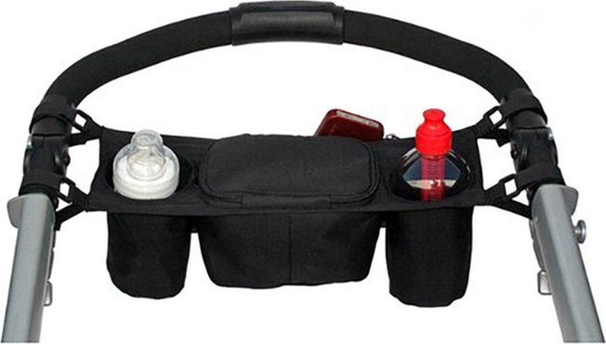 Organisator voor kinderwagen - Bekerhouder - Flessenhouder - Luiertas voor kinderwagen - Buggy-organizer - Fleshouder - Zwart