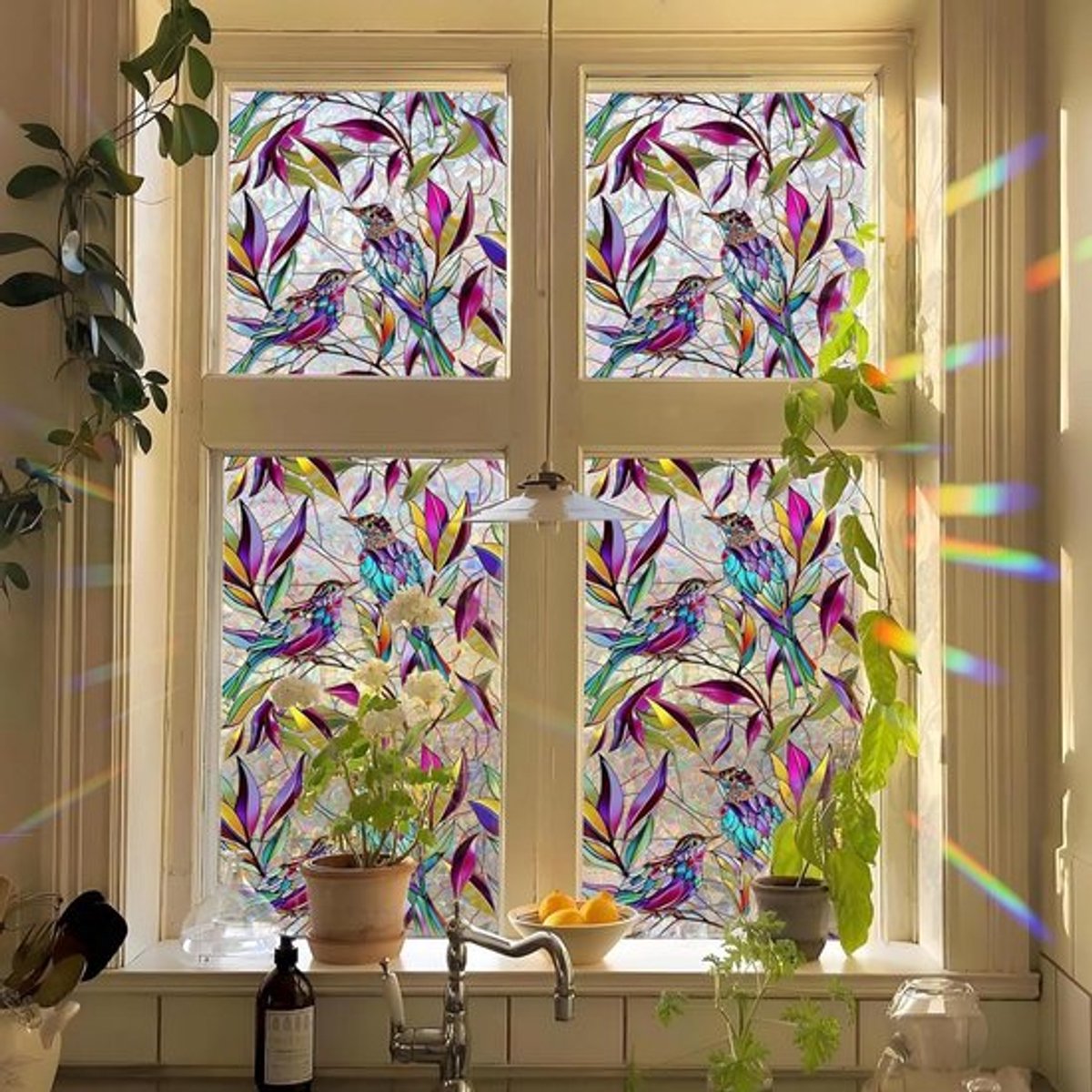 Kleurrijke raamdecoratie met kolibrie en bladeren - Zelfklevende zichtwerende folie voor ramen - Raamsticker met vogels en zomerthema - Anti-botsing en decoratieve glassticker - Statische folie - Afmetingen 45 x 100 cm
