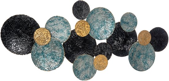 Abstracte wanddecoratie met verschillende maten blauwe, zwarte en gouden cirkels.