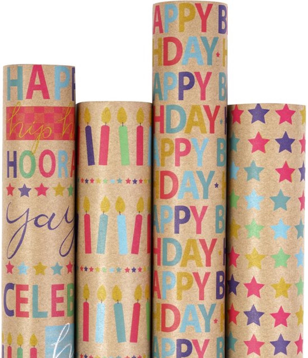 Cadeaupapier kraftpapier - kleurrijk verjaardagstekst verpakking design - 4 rollen - 76 cm x 3 m per rol