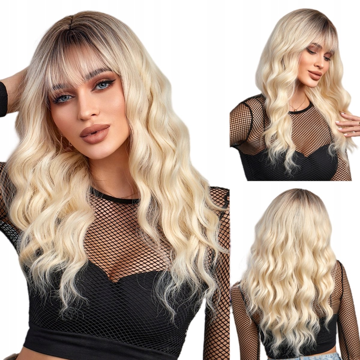 Lange Blond Synthetische Pruik met Golven en Pony