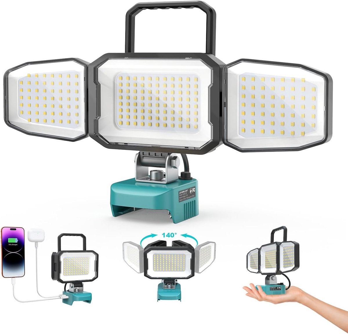 LIVOWALNY Led-werklamp, compatibel met Makita 18V-accu, draagbare bouwspot met USB-A & type C-oplaadaansluiting - ShopVlot