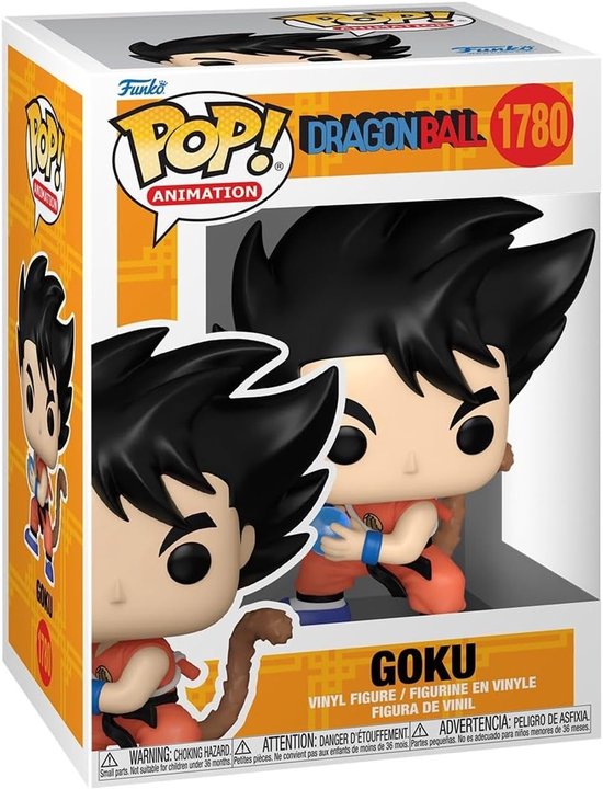 Figurine Pop! en vinyle de Goku avec sa queue, en tenue de combat orange et gants bleus, tenant une boule d'énergie bleue. La boîte est marquée 'Pop! Dragon Ball 1780 Goku'.