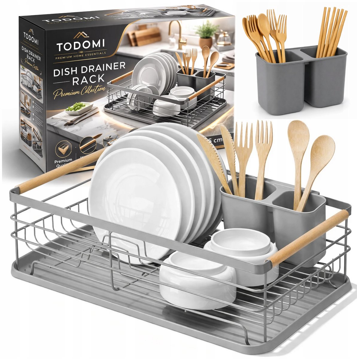 TODOMI Grote Metalen Afdruiprek Grijs 43x32cm met Lekbak & Bestekhouder
