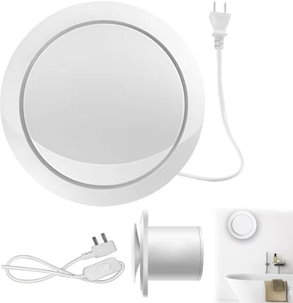 Badkamerventilator VEGOATY 150 mm, ABS, stille afvoerventilator met terugslagklep en 1,8 m netsnoer met schakelaar, voldoet aan Europese normen, krachtige lijnventilator