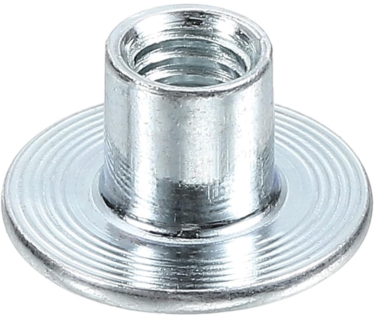 T-moeren, 50 stuks koolstofstaal T-moeren ronde basis lasmoeren 10 mm hoogte doorgangsgat flens inzetmoeren met binnendraad plaatmoeren, zilver