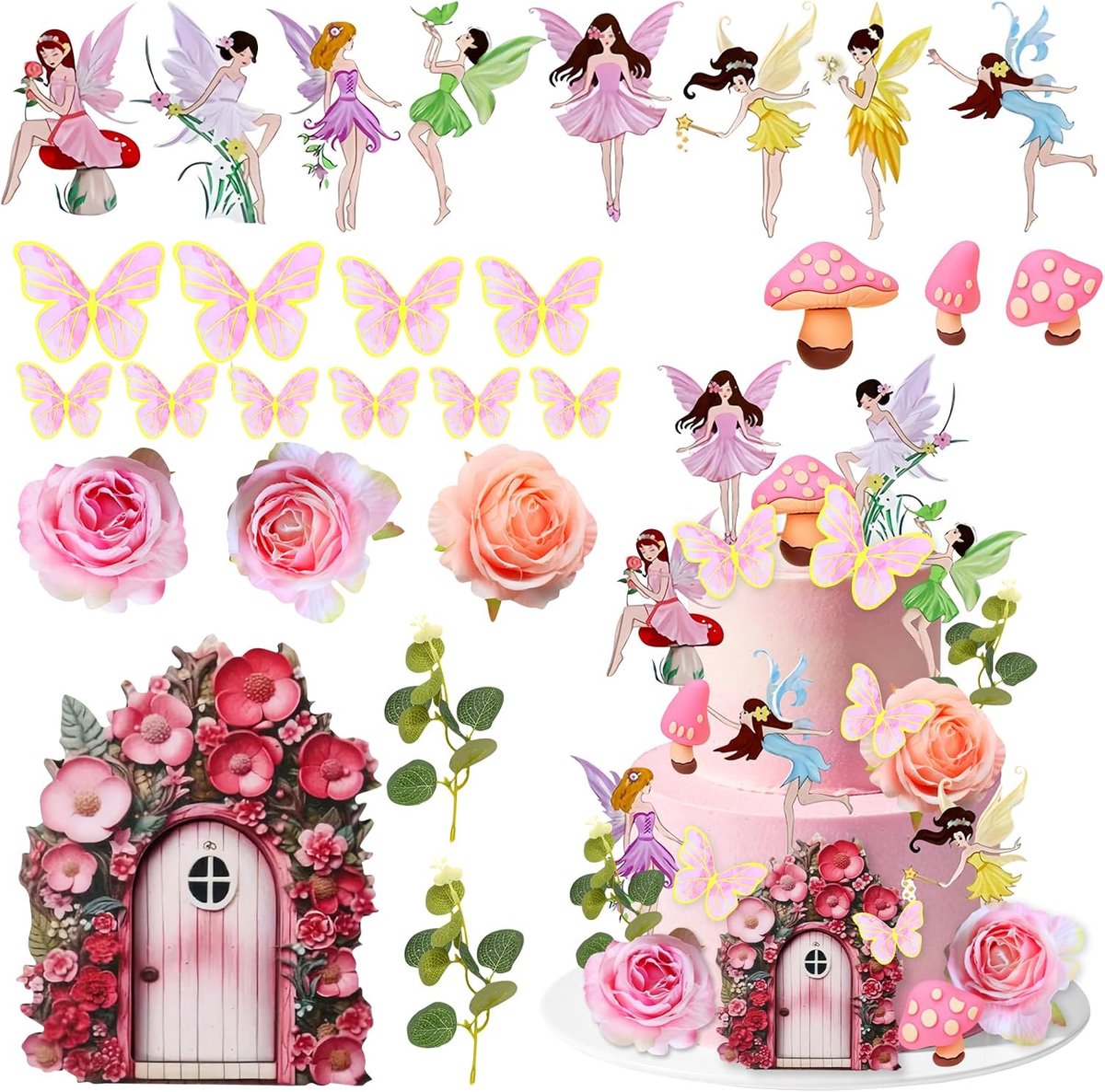 27 stuks, feeëntaartdecoratie, paddenstoelhuis, taartdecoratie, feeën en elfen, taartdecoratie, feeëntuin, taartdecoratie voor meisjesverjaardag, feeënfeest, sprookjesfeest