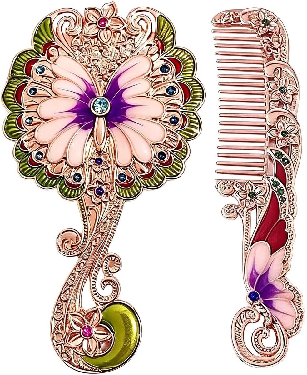 Make-upspiegel En Met Pauwenmotief, Ronde Handspiegel Van Metaal Met | Fonkelende kristallen strass vintage make-uptafel dames meisjes vrouwen slaapkamer kleine spiegel voor salon party reizen