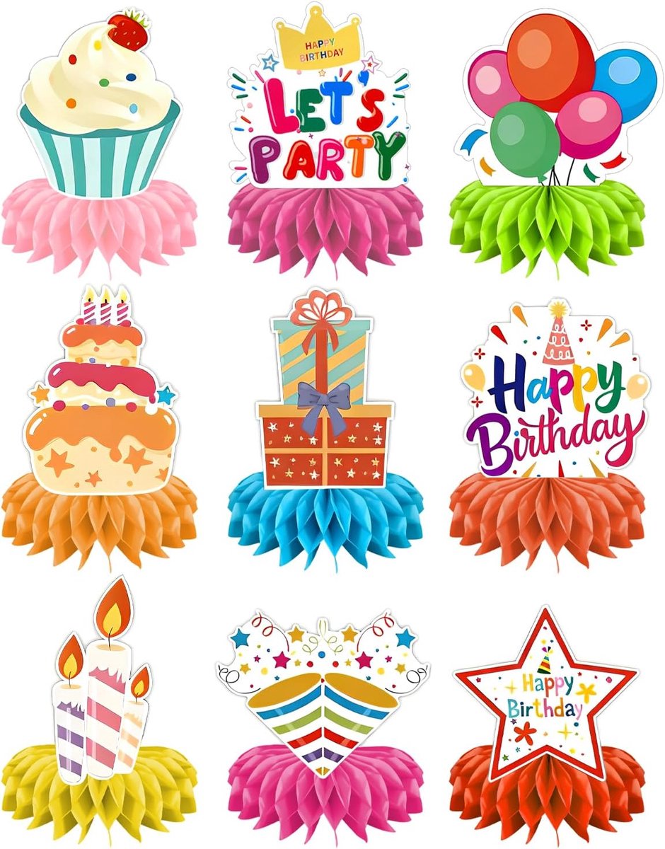 9 stuks tafeldecoratie verjaardag, kleurrijke Happy Birthday-decoratie, honingraat-decoratie, tafeldecoratie, party, feestaccessoires voor kinderverjaardagen