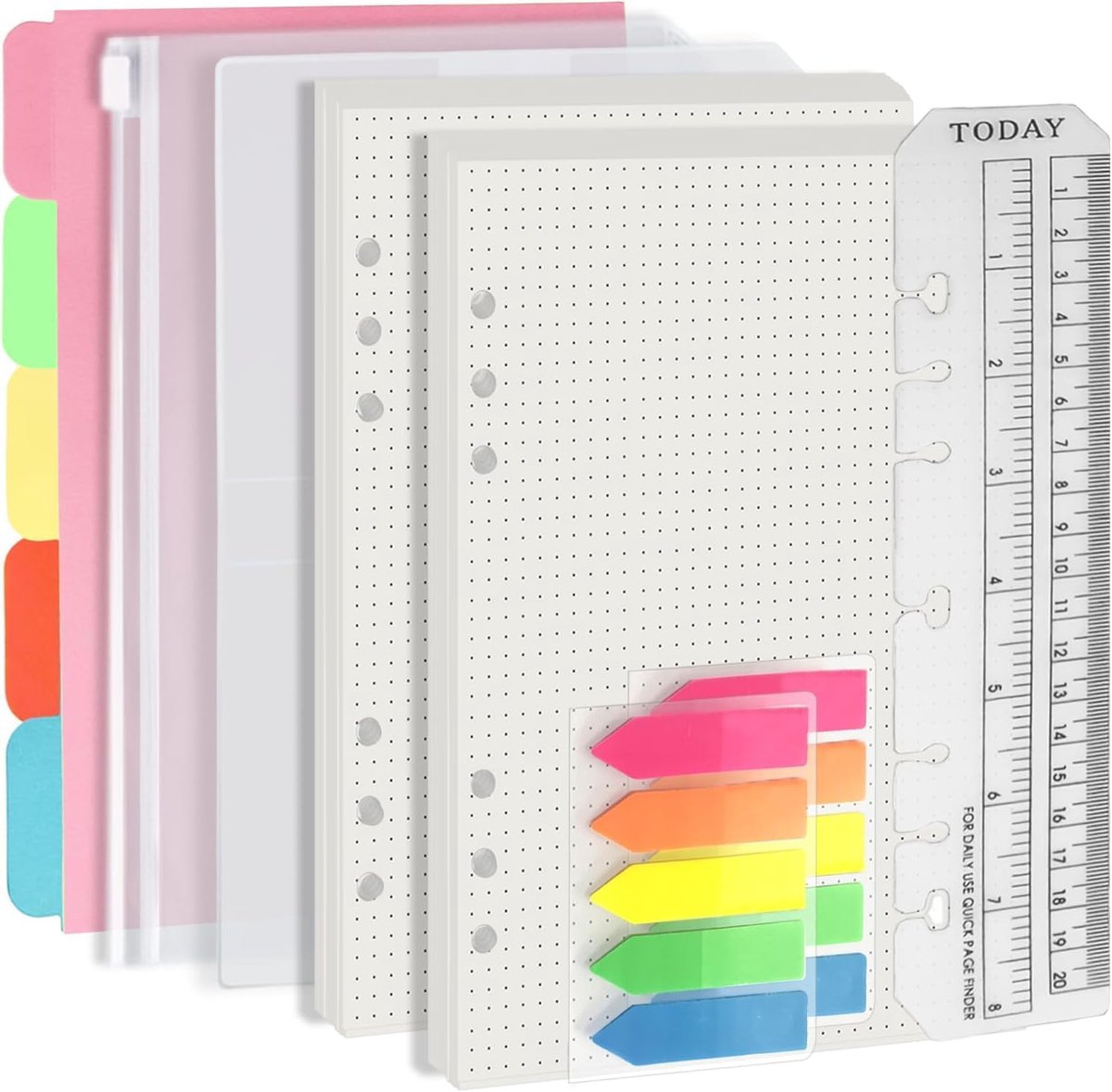 A5 6-gaats nietvulset, waardepakket, 90 vellen papier met stickers en verdelers, planner-inzetstukken met vakken voor A5, navulbaar notitieboek, punten