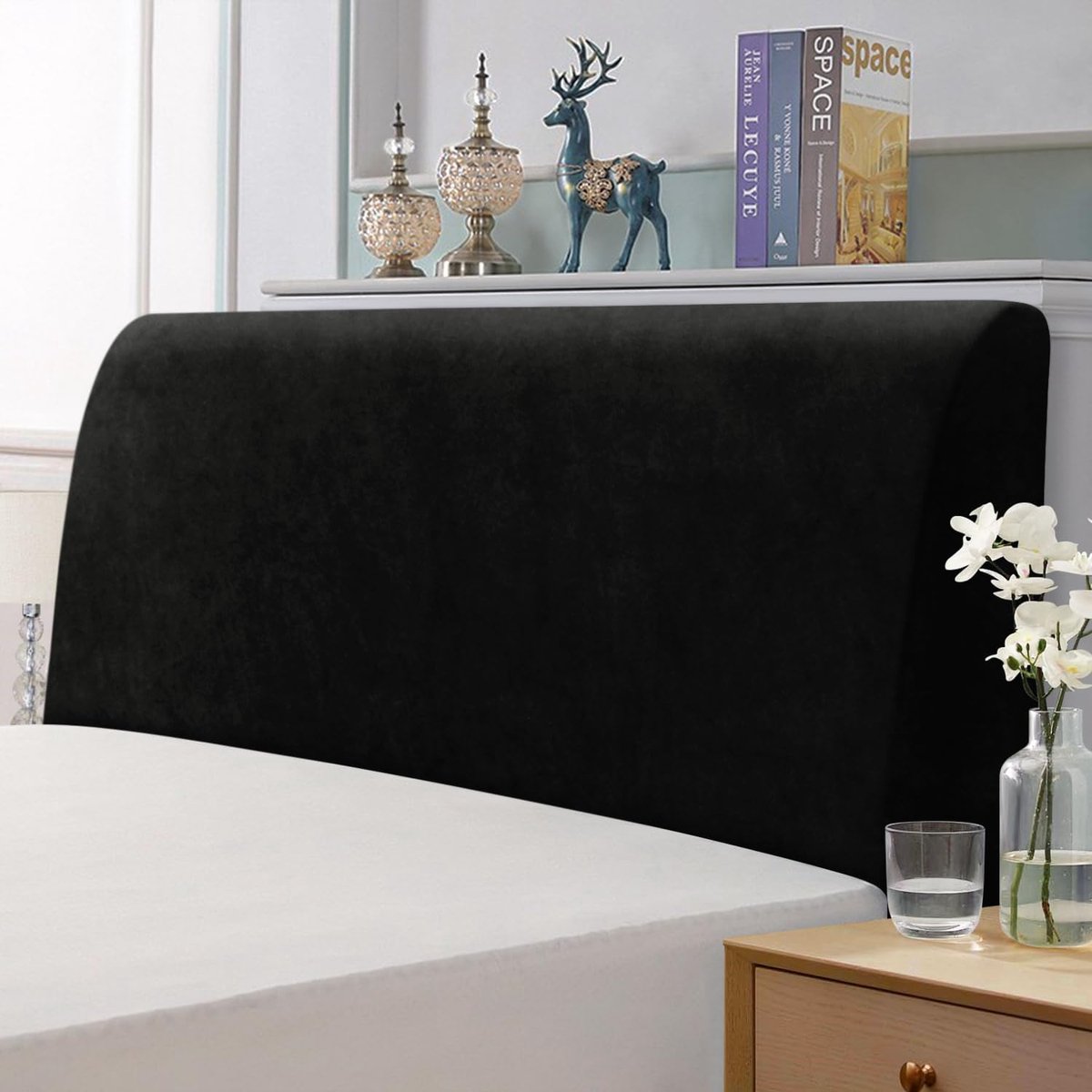 Hoes Voor Hoofdbord Van Het Bed, Elastisch van Stretchmateriaal, Zacht Fluweel, Effen, Volledige Afdekking, Wasbaar, Hoofdbordafdekking(Zwart, 180-200CM)